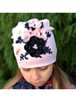 Handmade Baby Girl Hat Pink With Navy Blue Flowers