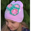 Handmade Baby Girl Hat Pink With Aqua Flowers