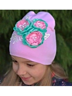 Handmade Baby Girl Hat Pink With Aqua Flowers