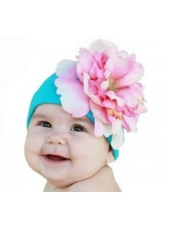 Girl Cotton Hat Aqua With Pink Flower
