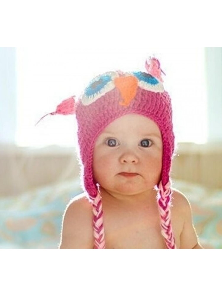 Baby girls crochet hat Owl Pink With Fuchsia