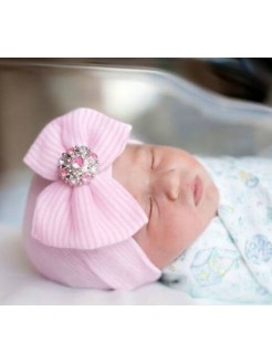 Newborn Baby Girl Hospital Hat Pink With Bow And Rhinestone