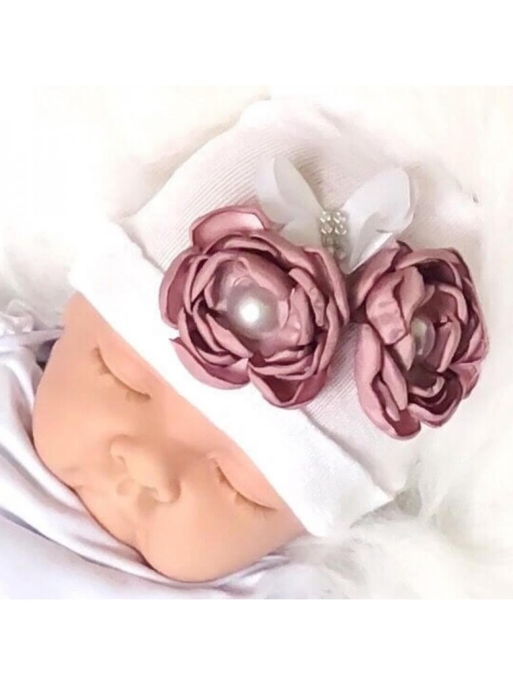Newborn Baby Girl Hospital Hat With Dusty Pink Flowers Newborn Baby Girl Hospital Hat With Dusty Pink Flowers