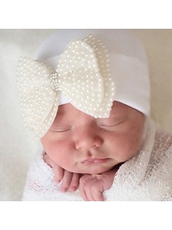 Newborn Baby Girl Hospital Hat With Big Pearls Bow
