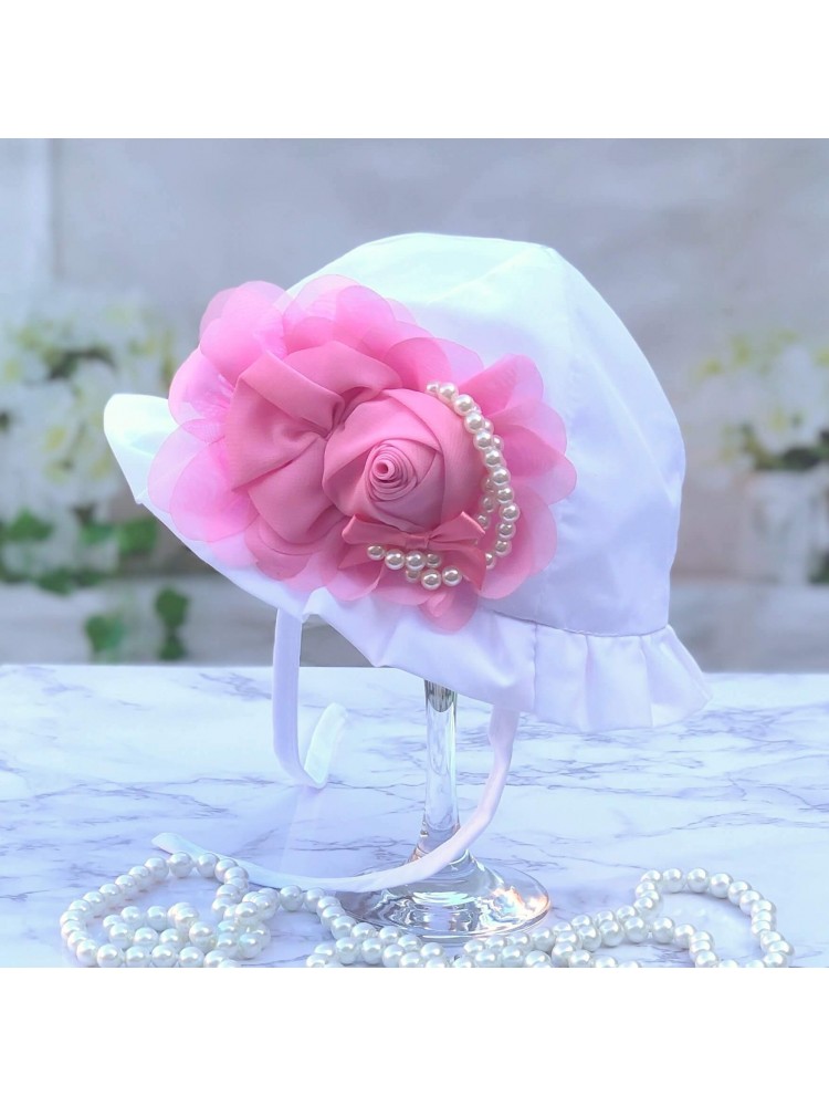 Newborn baby girl sun hat Rose pearl flower