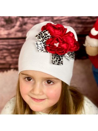 Luxury handmade white beanie hat for girls with satin flowers, pearls, and leopard-print bow