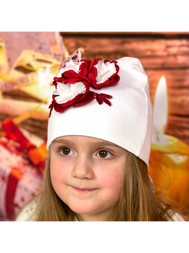 Handmade Baby Girl Christmas Hat Pink With Red Flowers