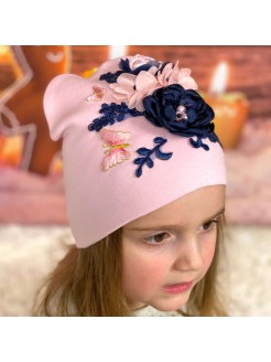 Handmade Baby Girl Hat Pink With Navy Blue Flowers