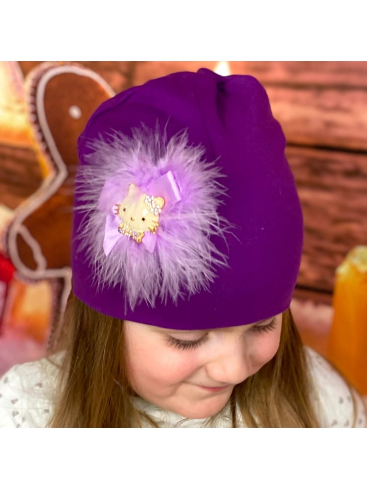 Purple baby girl cotton hat Hello Kitty with marabou feather