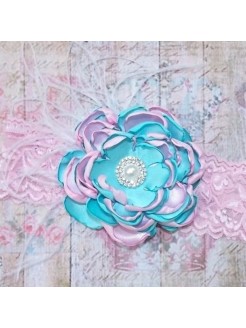 Baby handmade headband Αqua & Pink vintage flower