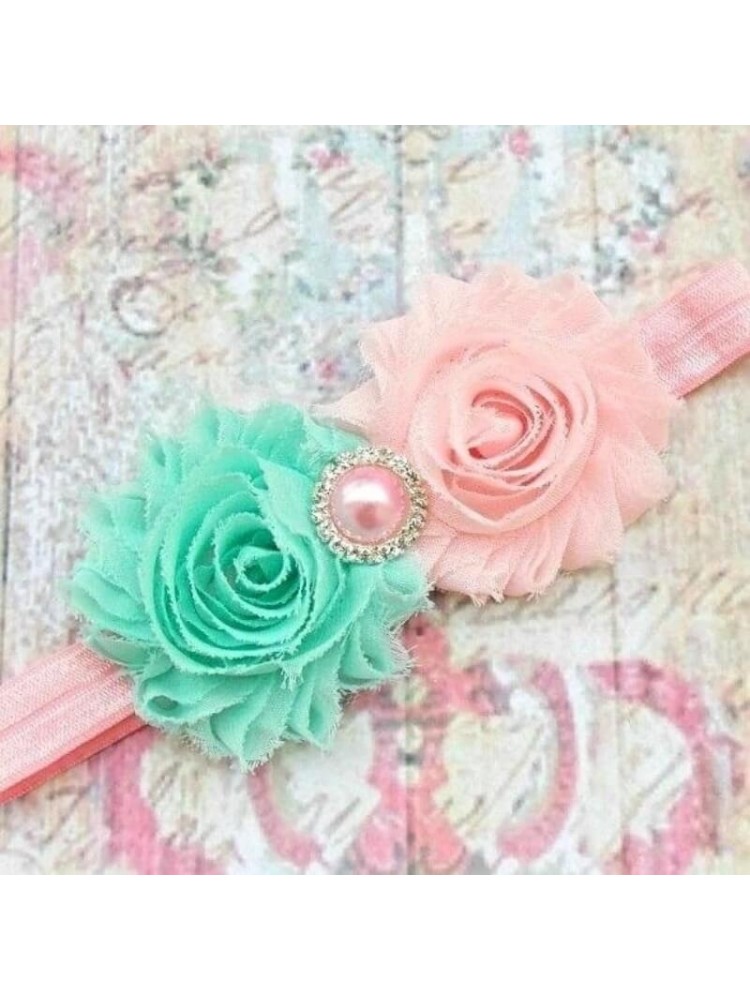 Baby headband Aqua mint & pink with pearl