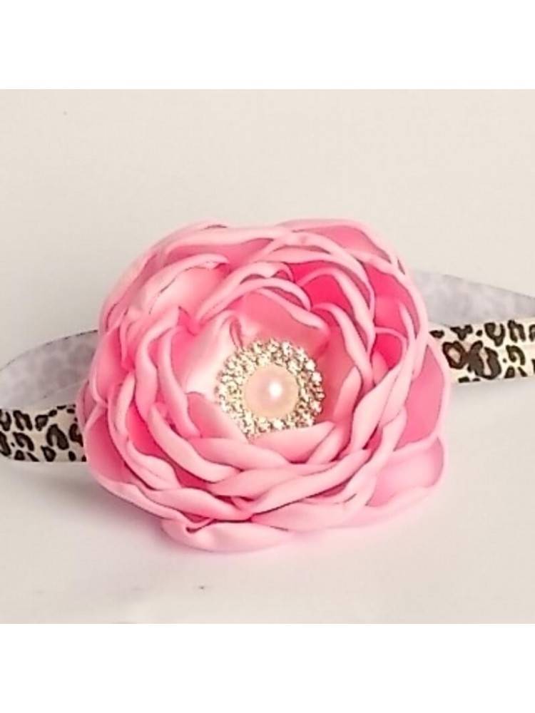 Baby girl leopard and pink layered flower headband