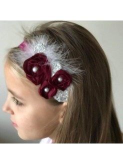 Headband Burgundy roses with silver leaves with feathers