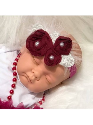 Headband Burgundy roses with silver leaves with feathers