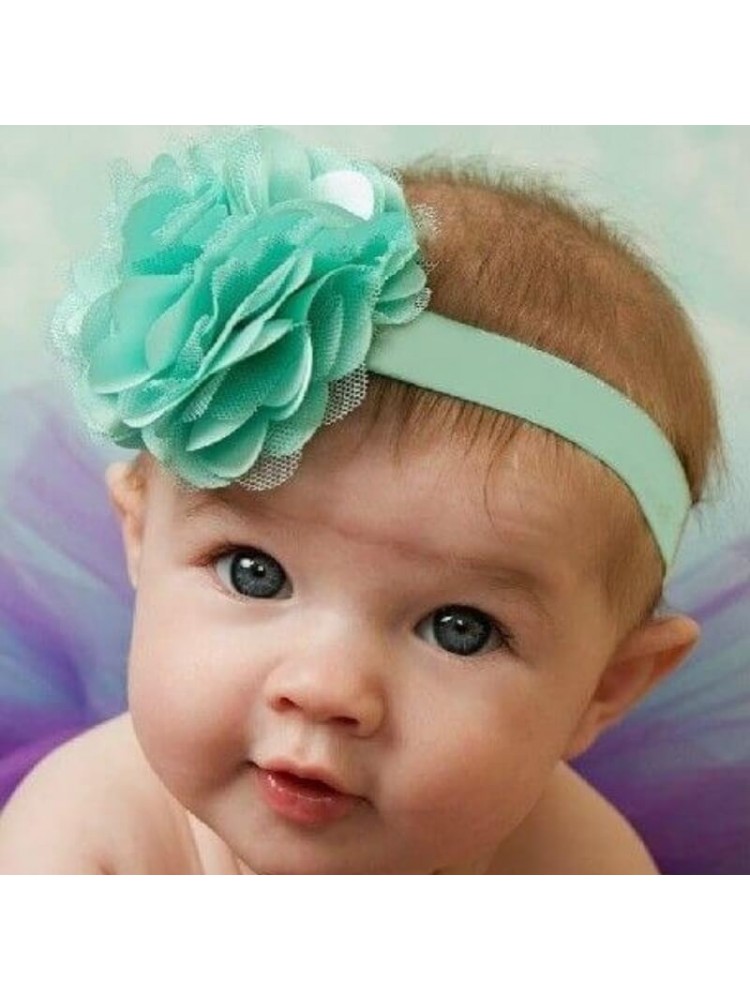 Baby Girl Headband Satin Tulle Flower Aqua Mint