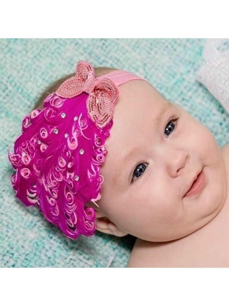 Baby headband Fuchsia feathers with bow