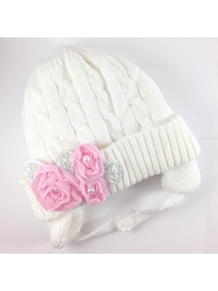 Baby girl winter hat White with Flowers