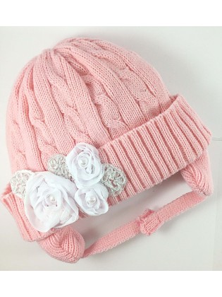 Baby girl crochet winter earflap hat pink with Flowers