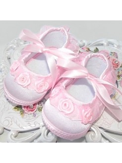 Baby Girl Christening Satin Shoes Pink Roses