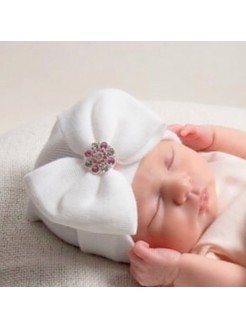 Newborn Hospital Hat white with bow and rhinestone