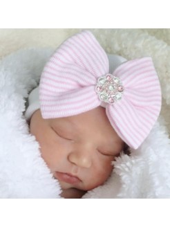 Newborn Hat White with Pink bow and Rhinestone