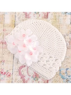 Baby Girl Crochet Christening Hat White With Pearl Flowers