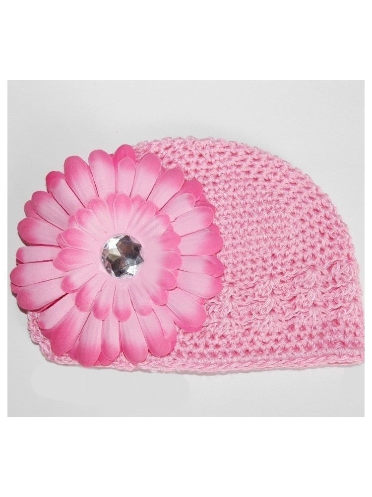 Crochet Baby Girl Hat Pink with Daisy Flower
