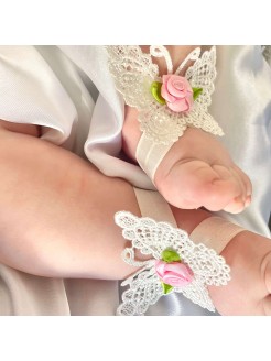 Baby girl barefoot sandals set White butterfly with pink