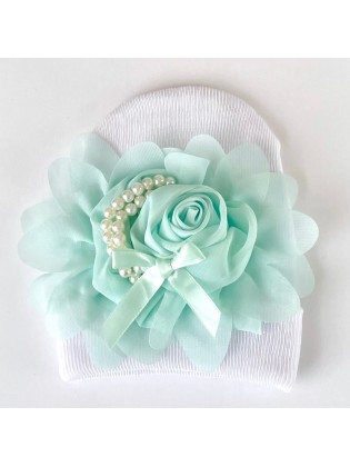 Newborn Baby Girl Hospital Hat Aqua Chiffon Flower And Pearls