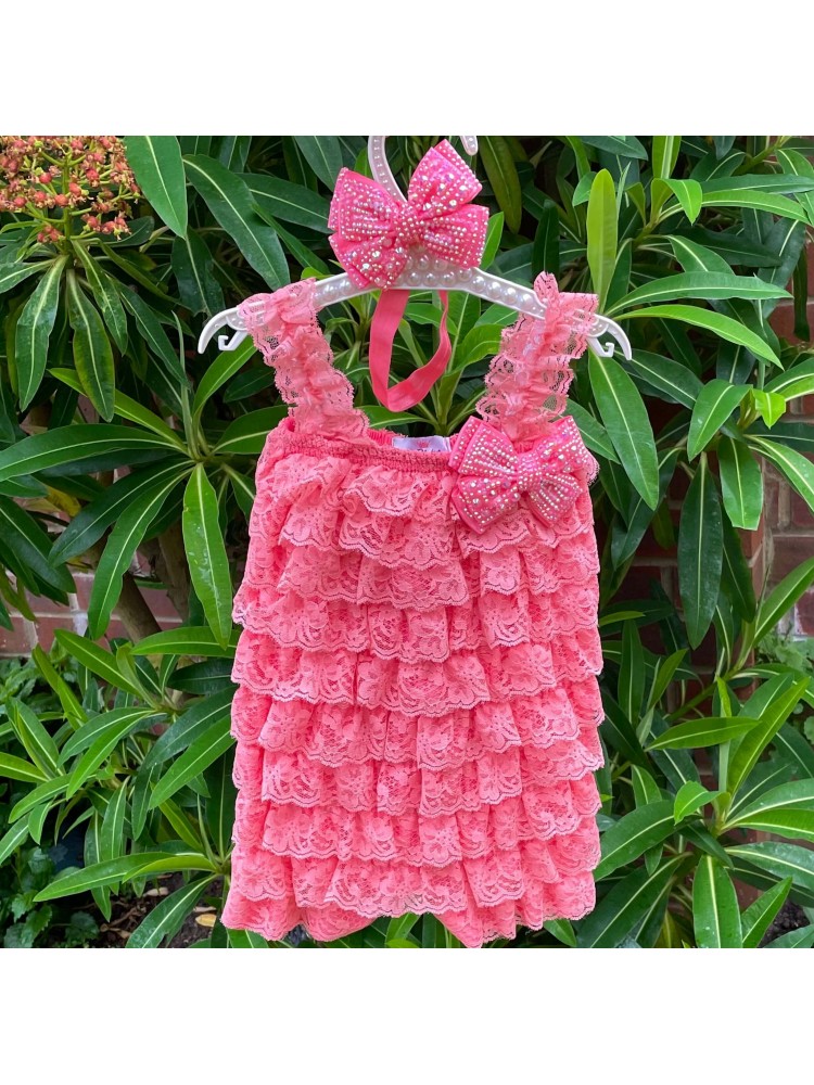 Coral Lace Ruffled Baby Girl Romper