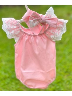 Baby Cotton Romper Pink with Lace