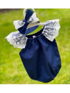 Baby Girl Cotton Romper Navy With Lace