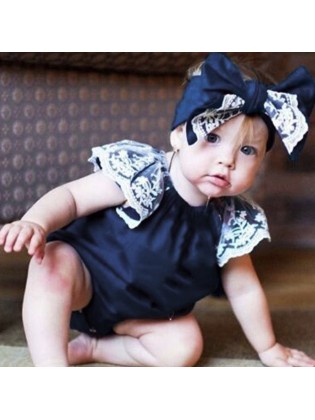 Baby Girl Cotton Romper Navy With Lace