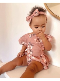 Romper for girl dusty pink with flowers