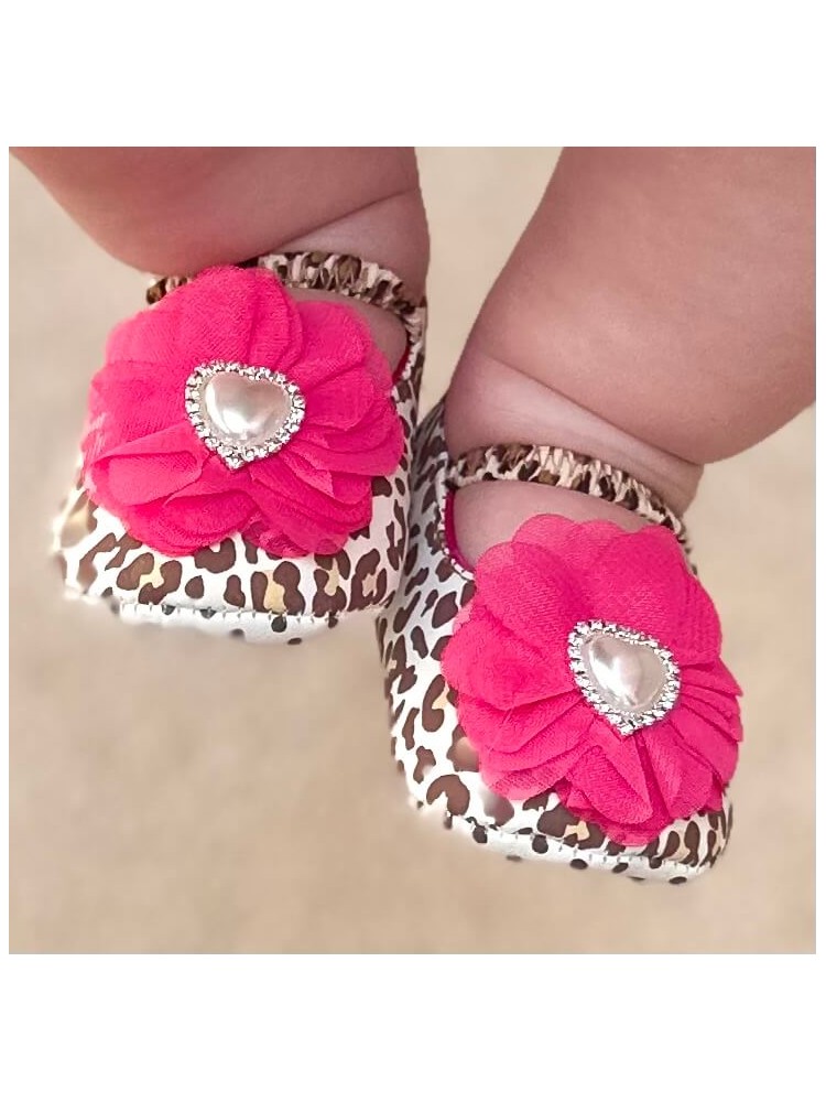 Baby Girl Leopard Shoes With Magenta Flower