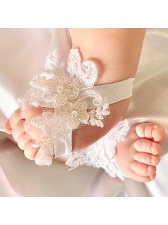 Baby White Barefoot Sandal Shoes Lace and Pearls