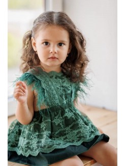 Girl Emerald Green Christmas Dress with Lace and Feathers