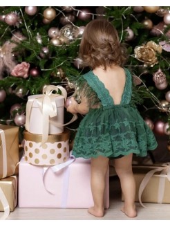 Girls Christmas Dress Green Lace and Feathers