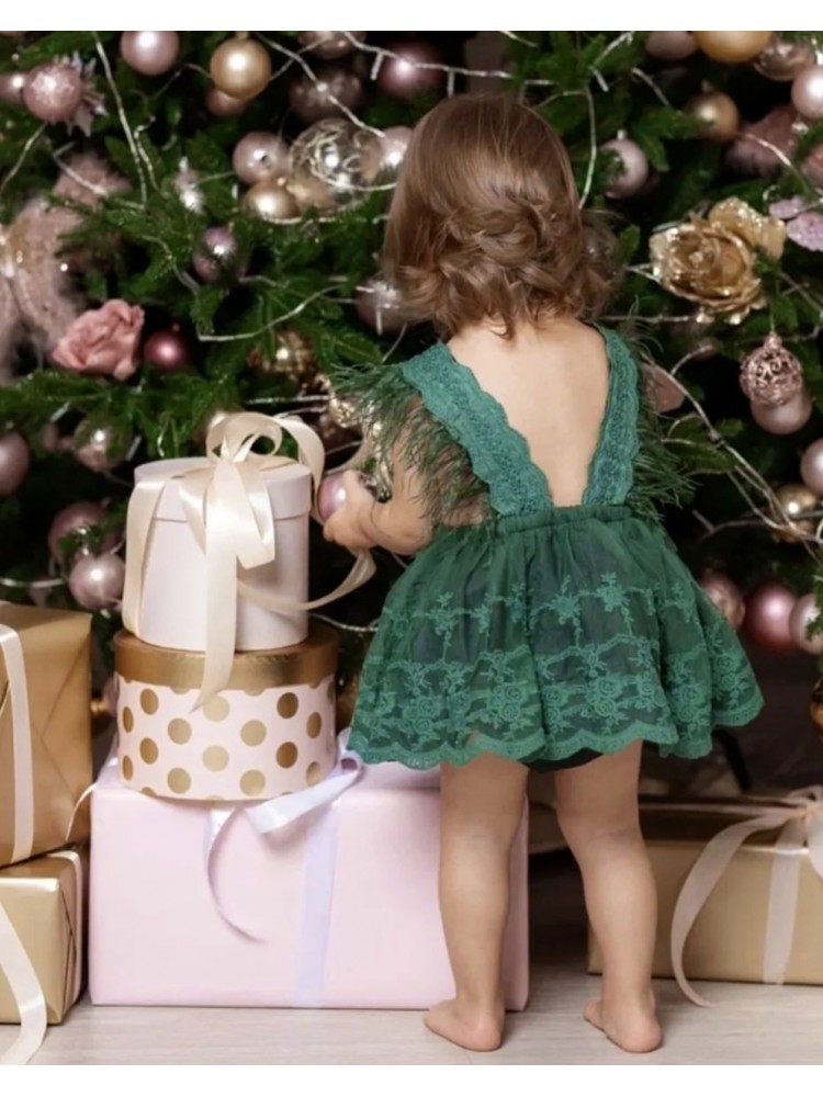 Girl Emerald Green Christmas Dress with Lace and Feathers Girl Emerald Green Christmas Dress with Lace and Feathers