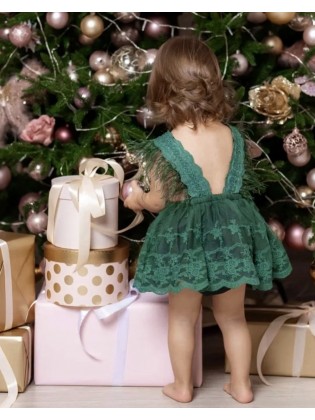 Girl Emerald Green Dress with Lace and Feathers