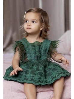 Girls Christmas Dress Green Lace and Feathers