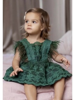 Baby Girls Dress Green Lace and Feathers