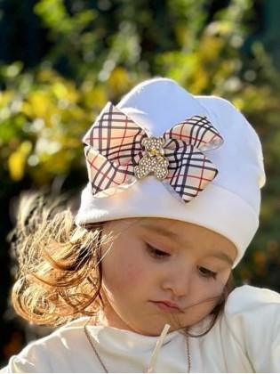 Girl Burberry Bow Hat with Diamante Bear