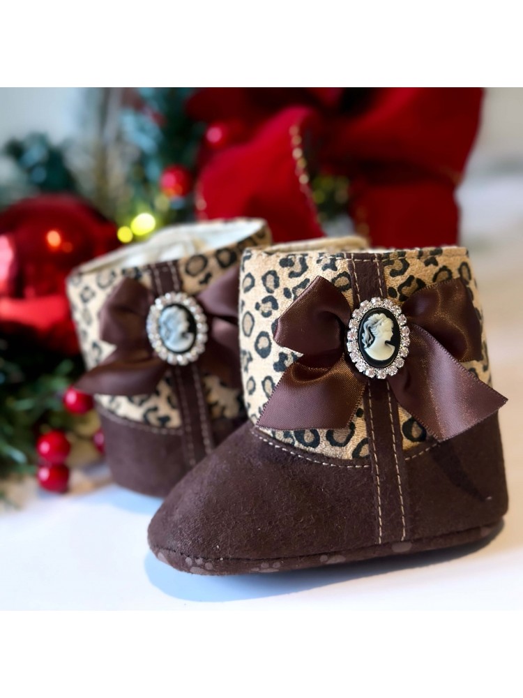 Newborn Girl Boots Leopard Diva Bow