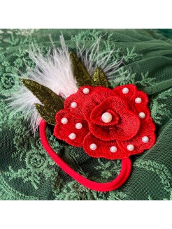 Red Rose Headband With Pearls and Feathers for Newborn