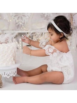 White Lace Baby Romper Off Shoulder for First Birthday Cake Smash Outfit