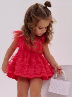 Baby Girl Red Feather Dress with Lace