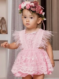 Girl Pink Feather Lace Dress