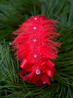 Luxury Red Feather Hairband with Rhinestones and Lace