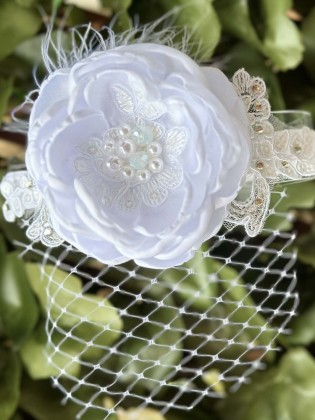 Flower Girl Wedding Headband White Flower Lace and Veil